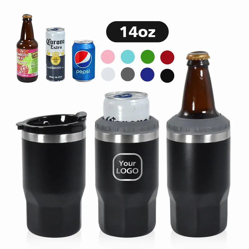 Refroidisseur de canette 4 en 1 de 14oz personnalisé en acier inoxydable à double paroi isolé sous vide porte-canette refroidisseur de canette mince avec 2 couvercles