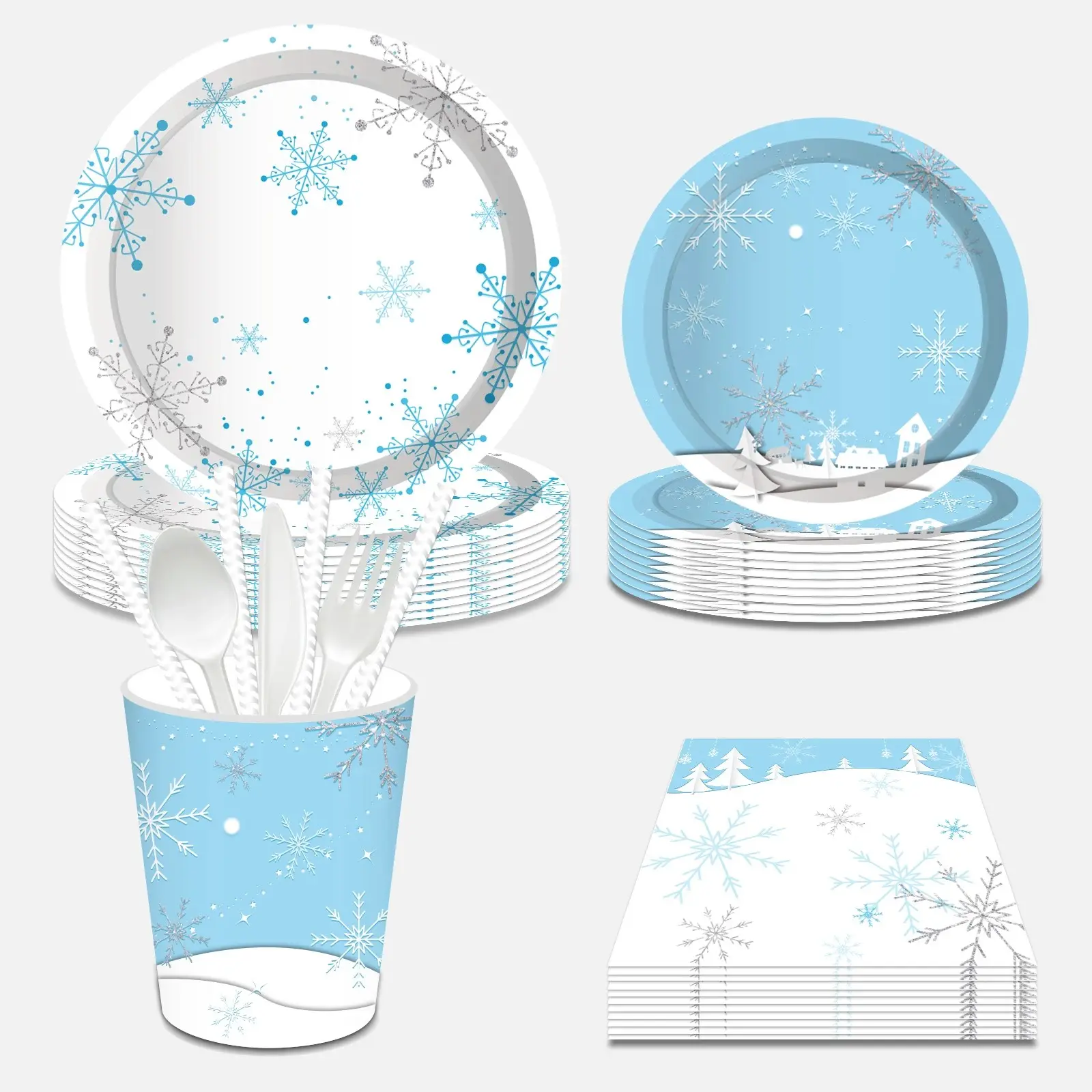 Romantic snow Scene party disposable cutlery sets cups, plates, and napkins for Merry Christmas and New Year celebrations