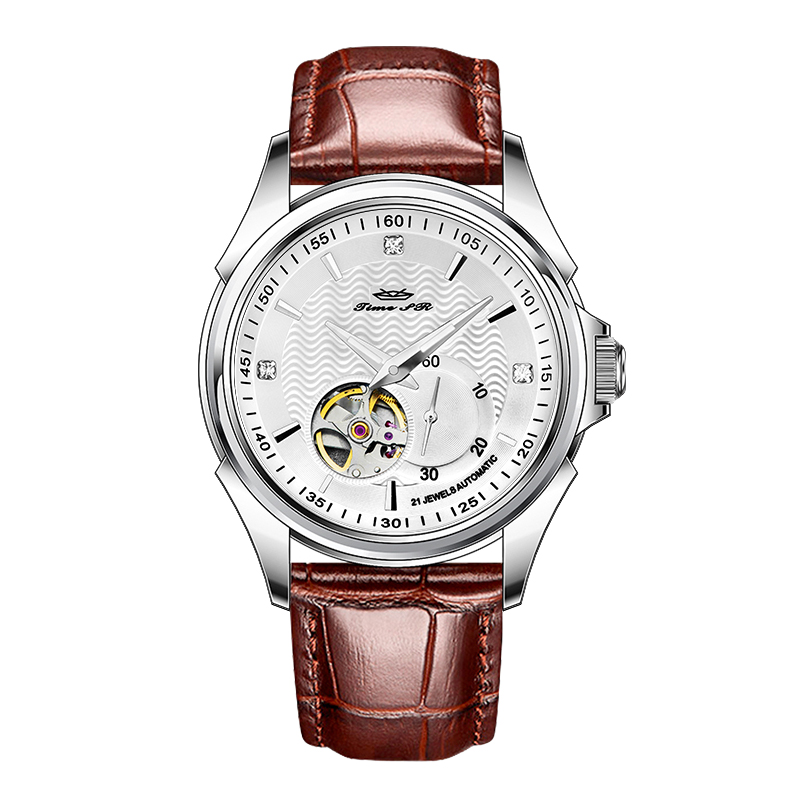 Bracelet en cuir marron avec cadran argenté