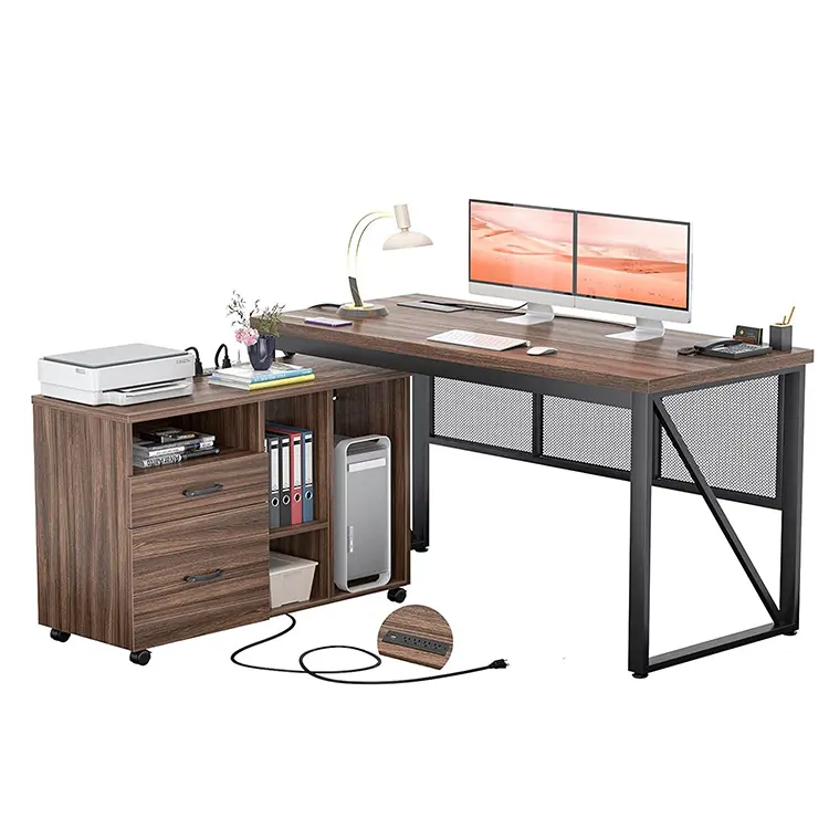 Vekin Furniture Rustic Computer Table Workstation L Shaped Extendable Wooden Office Desk with File Cabinet