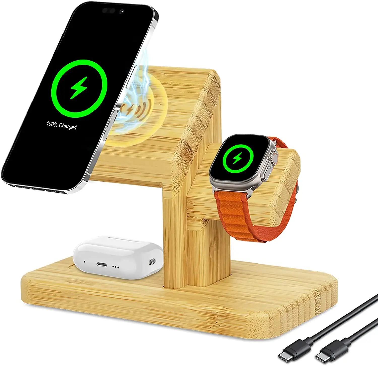 3 in 1 Wireless Charger Stand Drahtlose Ladestation für Apple 20W Fast Magnetic Bamboo Ladestation für iPhone