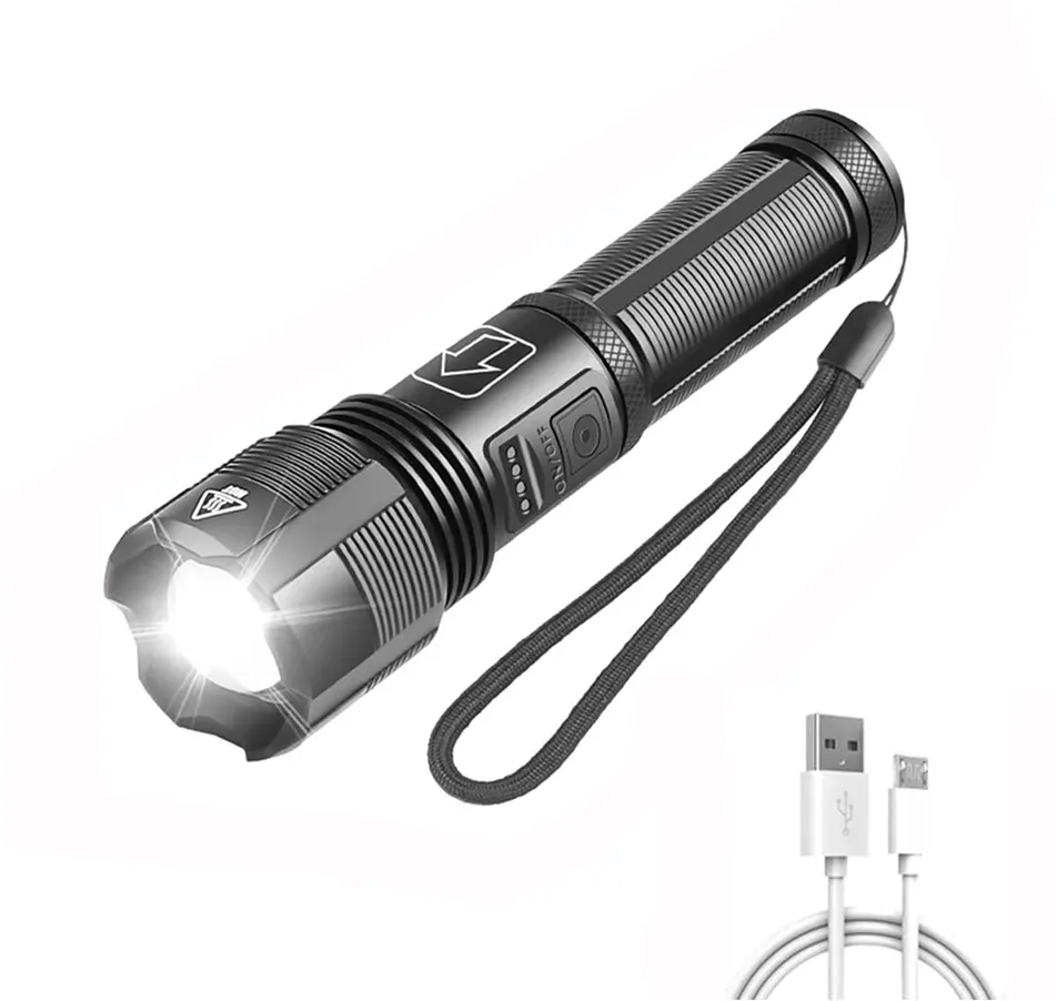 Pantalla de alimentación portátil Zoomable USB recargable táctico 5 modos XHP50 linterna Led para Camping senderismo emergencia