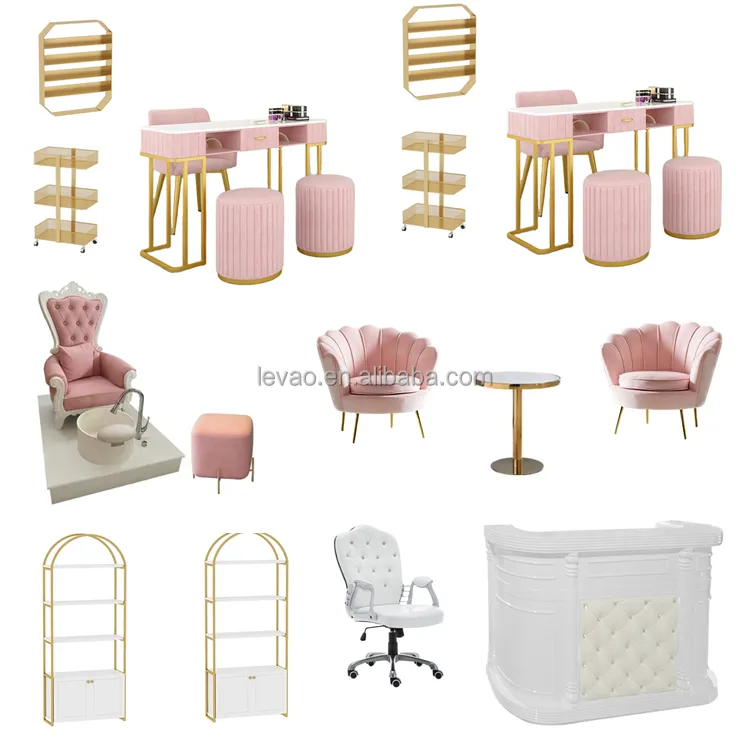 Ensemble de meubles de salon à ongles, chaise et table de manucure rose, de luxe européen, 7 pièces