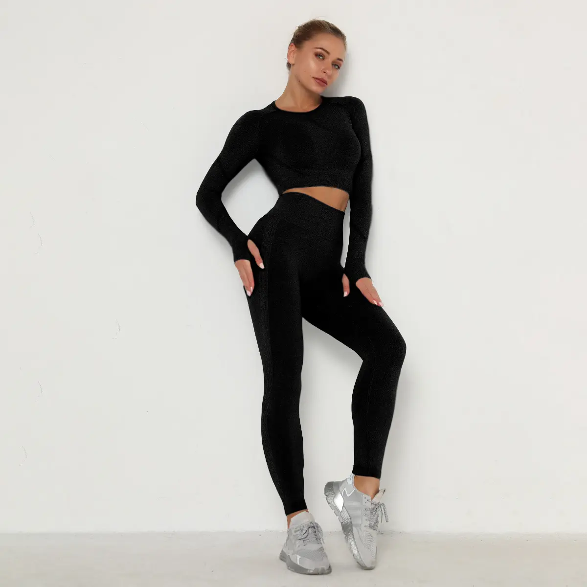 Ropa deportiva para ejercicio, ropa deportiva, ropa de entrenamiento, ropa de gimnasio, conjunto de Yoga de manga larga sin costuras para mujer