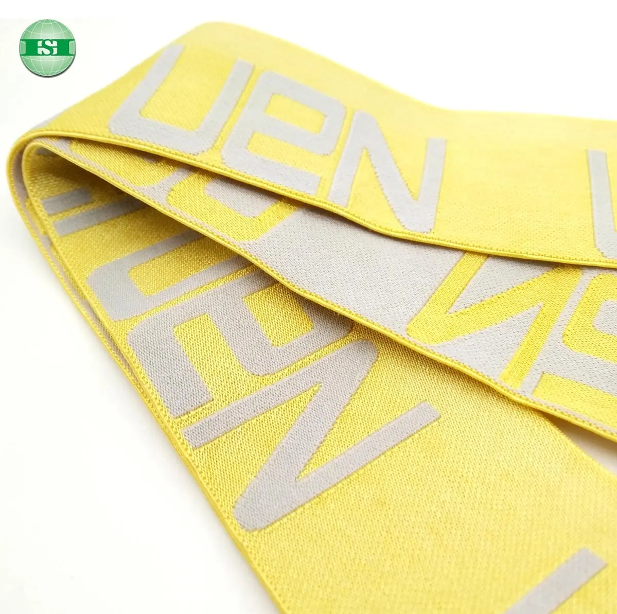 Fita elástica de elastano feito a partir de 38mm, 3.8cm, 1,5 polegadas, 2 cores, logotipo cinza amarelo, faixa de spandex para roupa interior