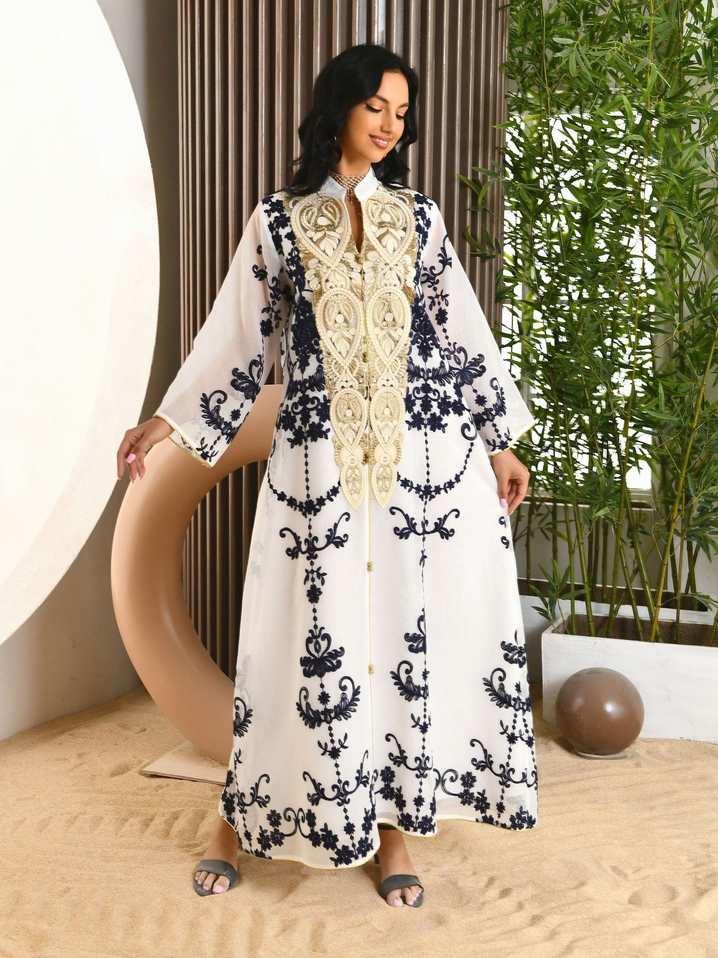 Dubai Arab Eid Al Fitr Middle East Gold Sequin Floral Embroidered Muslim Woman White Yarn Jalabiya Maxi Long Knee Length Dress