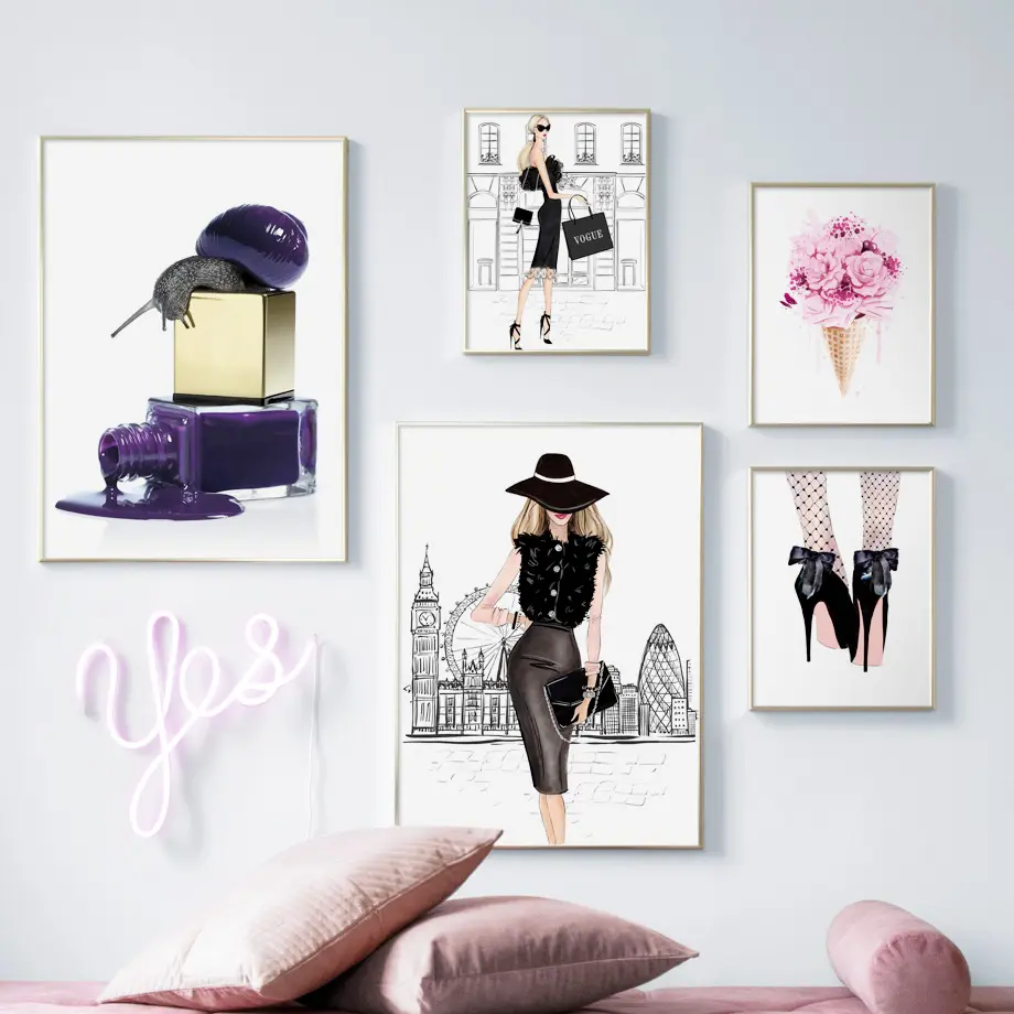 High Heels Parfüm Nagellack Mode Mädchen Wand kunst Leinwand Malerei Nordic Poster und Drucke Wandbilder für Wohnzimmer