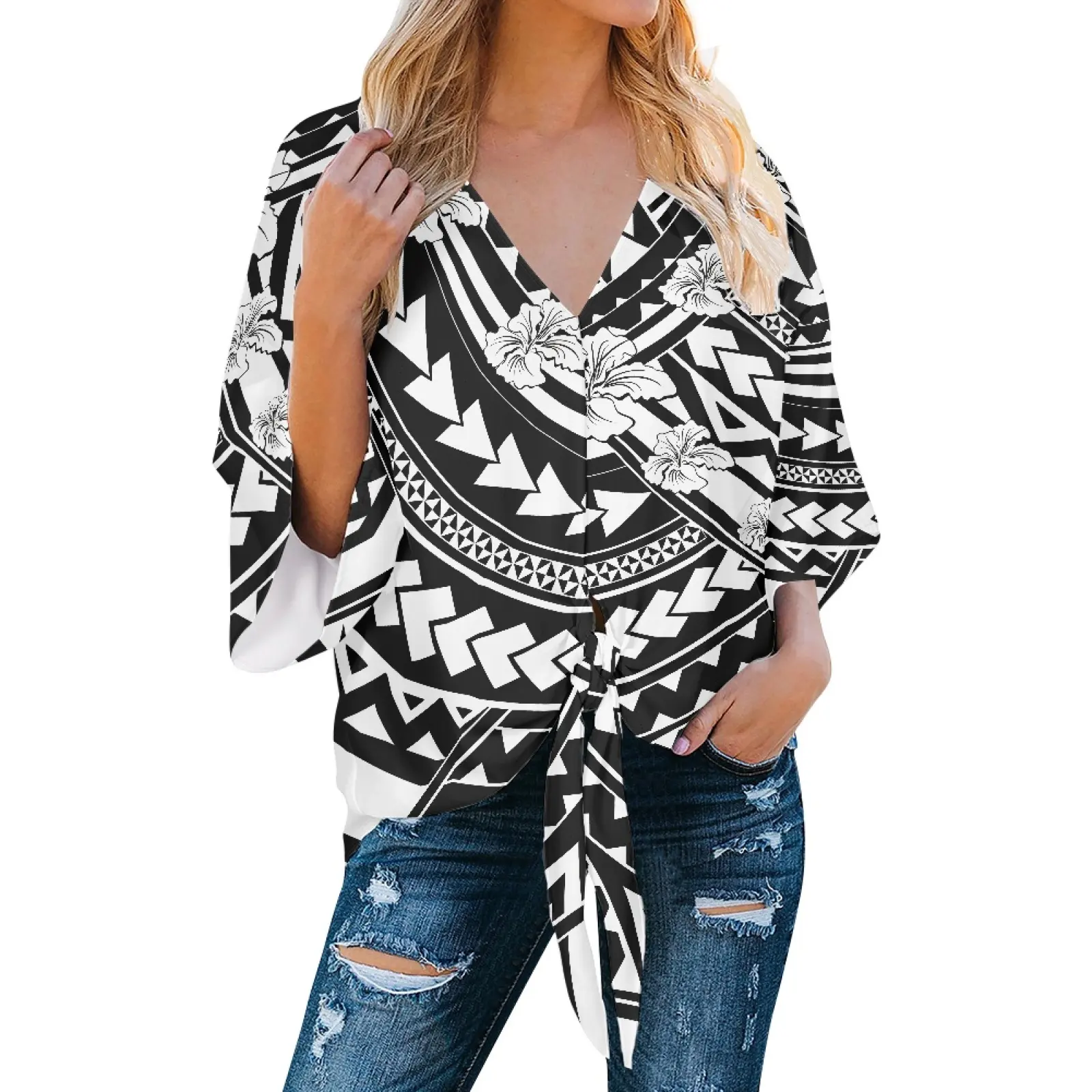 Blusa feminina com estampa tribal polinésia preta e branca, blusa elegante e fluida poncho, blusa casual elegante e camisa para mulheres