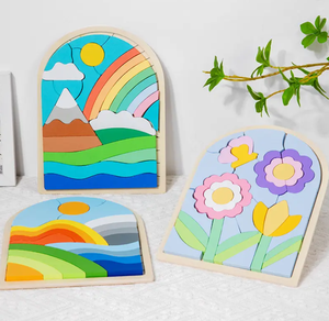 Wooden Toy Cartoon Cute Flower Rainbow <strong>Pattern</strong> Color <strong>Building</strong> <strong>Blocks</strong> Matching Toddler 3d Puzzle Board - Product Image 4