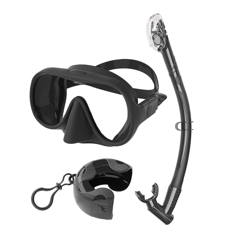 Nuevo estilo recubierto de vidrio templado lente única gafas de buceo Dry Top máscara de esnórquel y conjunto de esnórquel