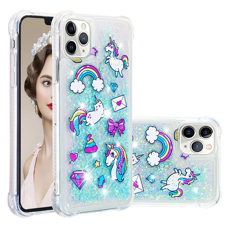 Girls Cute Cartoon Waterfall Fusion Liquid Sparkling Quicksand Liquid Phone CaseとShockproof Protection For iPhone 11