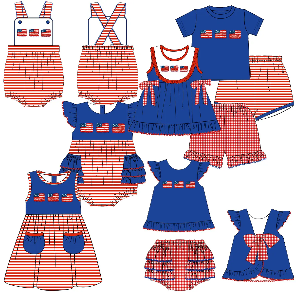 Wholesale little girl clothes flutter sleeve america flag French Knot July 4th girl outfits custom children clothing