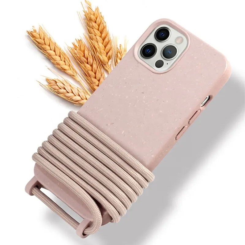 Переработанный 100% полностью биоразлагаемый чехол для телефона, розовый с ремешком, веревкой, чехлом для телефона, ожерельем, ремешком через плечо для Iphone 13 14