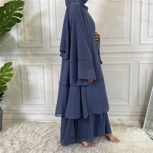 1896 # ชีฟองสีทึบ3ชั้นเปิด Abaya Dubai มุสลิมผู้หญิง Abayas ชุดที่มีการจับคู่ผ้าพันคอฮิญาบ - Product Image 4