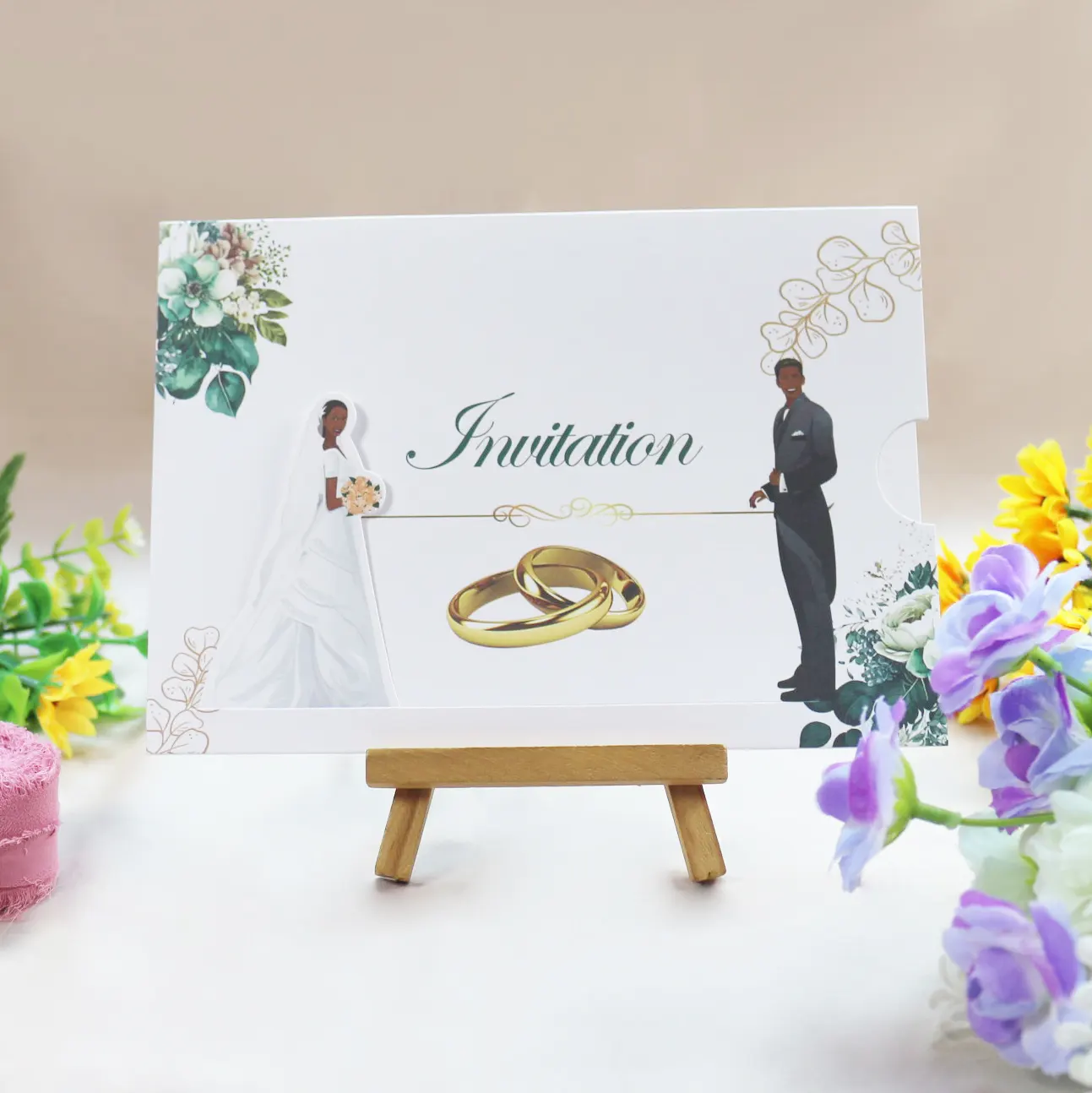 Tarjetas creativas de invitación de boda con deslizador para novia y novio, invitación con imagen de dibujos animados para parejas