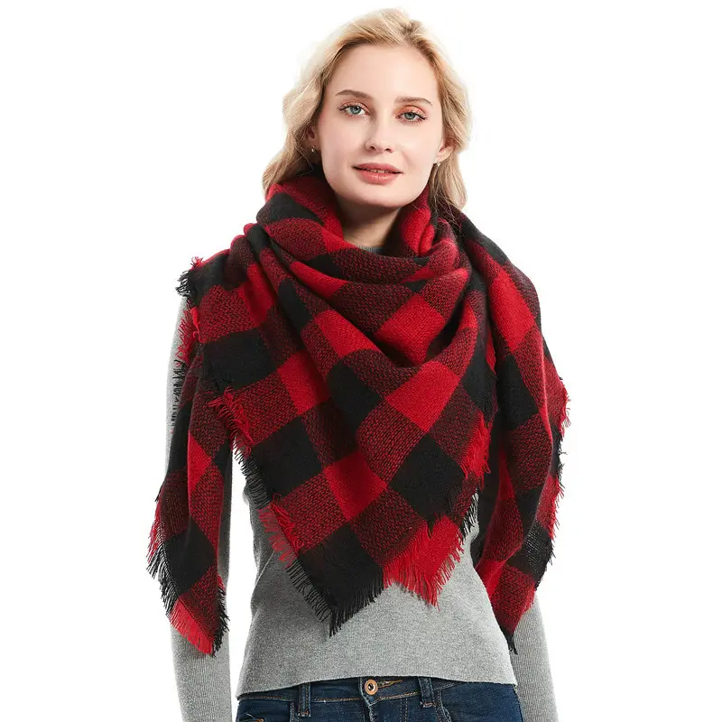 Sciarpe a quadri di bufalo di moda donna di natale invernale all'ingrosso caldo scialle quadrato scozzese rosso nero in Cashmere