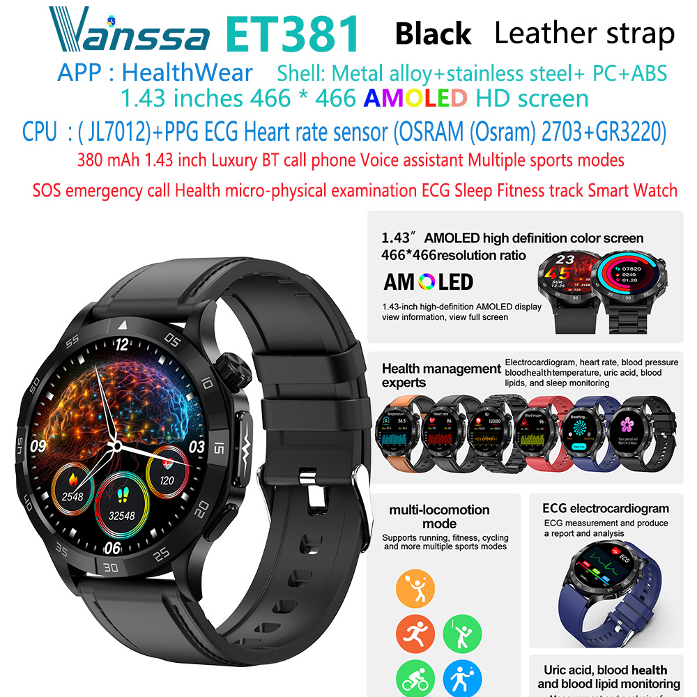 ET381-ECG-blood-Health-smart-watch สายหนังสีดำ-