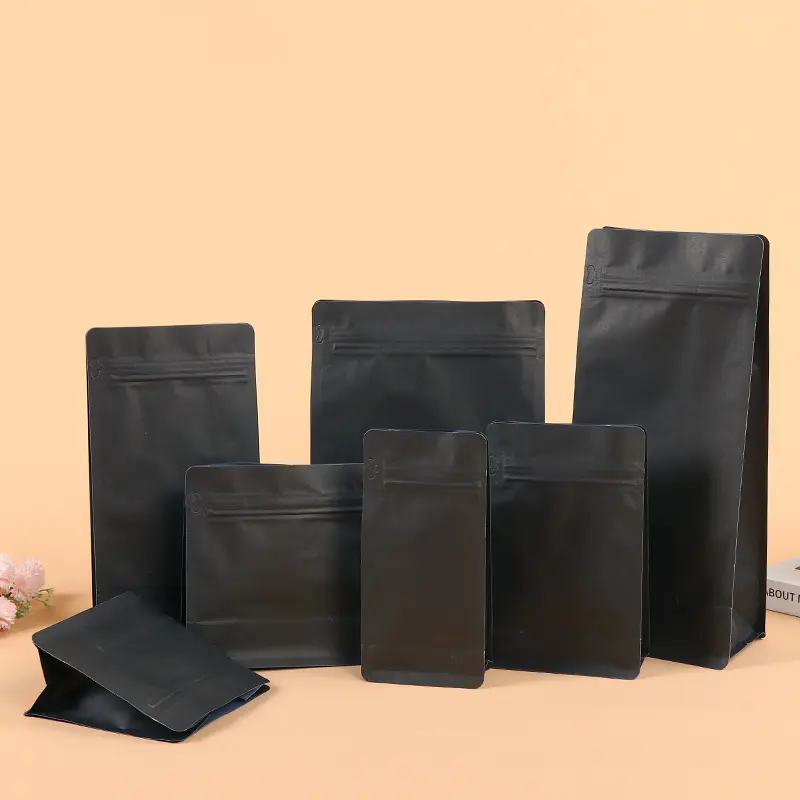 Bolsas de café negras pequeñas de fondo plano de 250G y 500G, bolsa de embalaje de café con parte inferior de bloque de grado alimenticio, bolsa de embalaje con cremallera con válvula