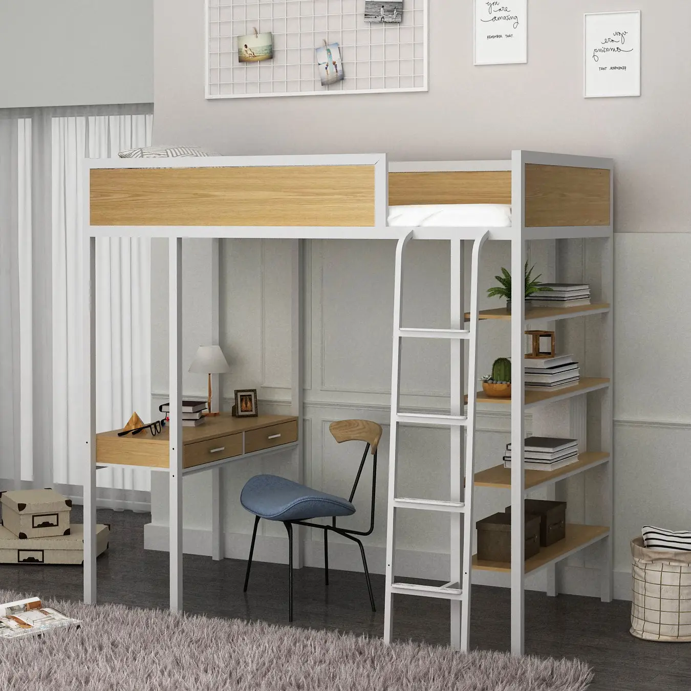 Modern Apartment Furniture metal Bunk Bed with Desk Steel and Wood Metal Loft Bed with Storage for Kids