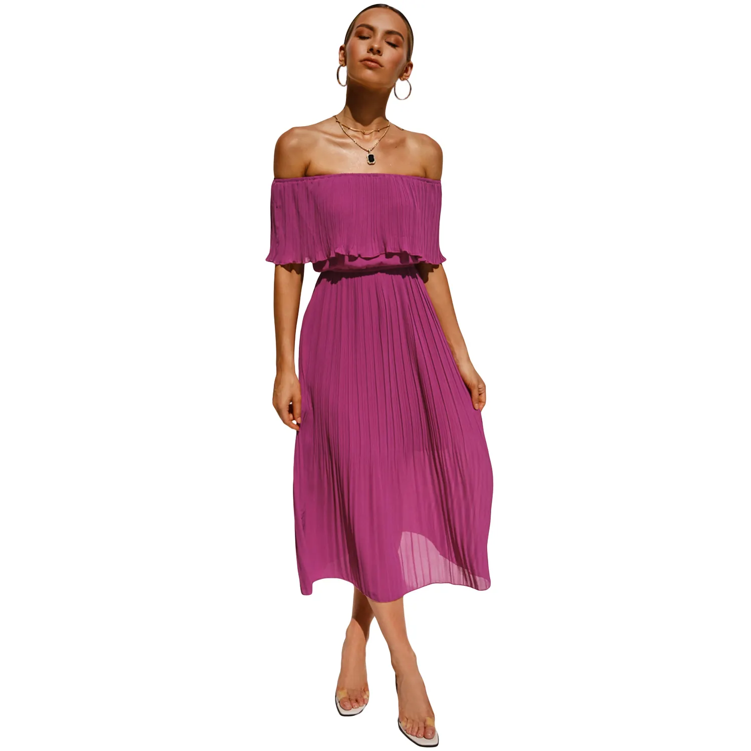 Vestido Midi de verano de chifón elegante informal con hombros descubiertos morado 2020