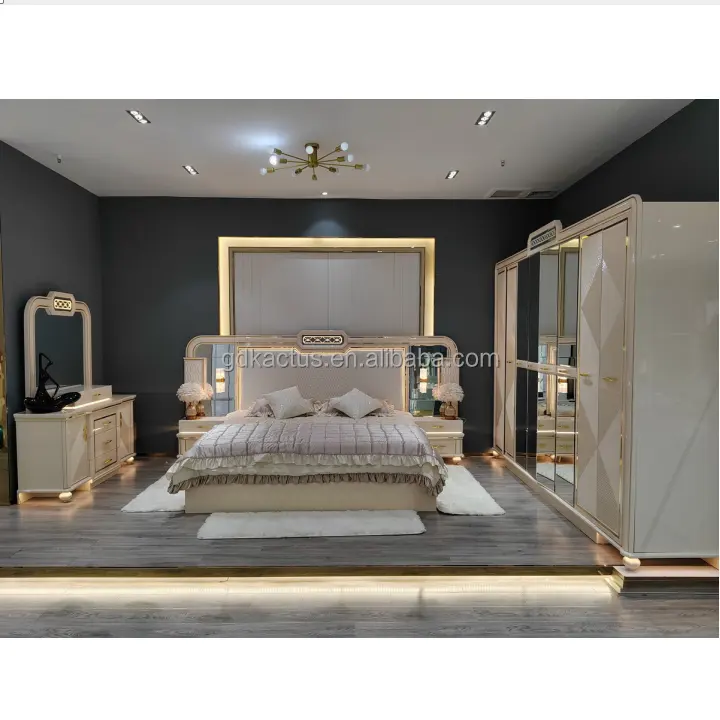 Set di camere da letto a specchio in vetro moderno di colore bianco lucido con Set di mobili per camera da letto a specchio King Size con illuminazione a LED