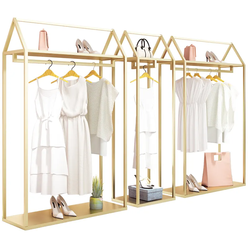 Étagère en acier inoxydable doré de magasin de vêtements de taille personnalisée présentoir miroir doré porte-vêtements pour magasin de vêtements