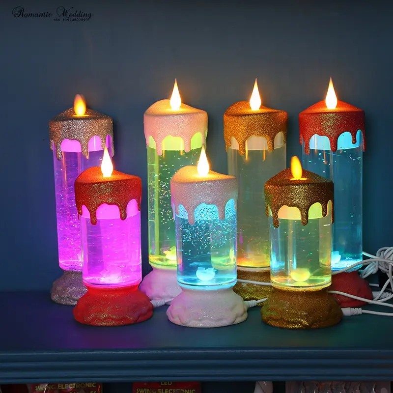 Ricarica USB sfarfallio LED Light Candle glass pillar Colorful light candle shape con acqua per la decorazione domestica di nozze di compleanno