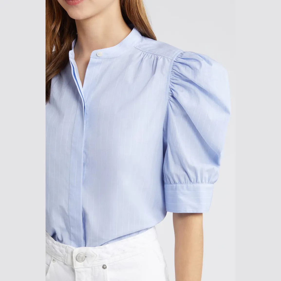 Chemise à manches courtes bouffantes personnalisée pour femmes, chemisier décontracté à rayures et boutons en coton pour femmes, été