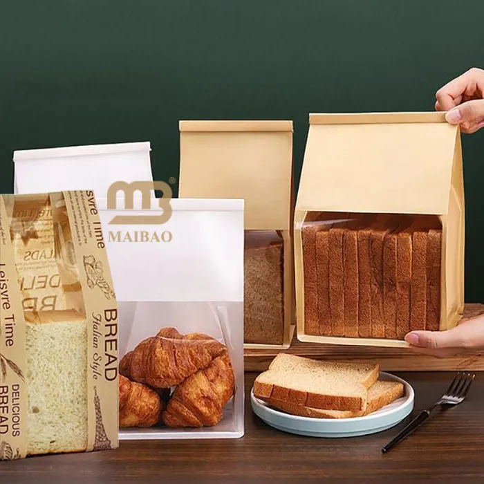 Pacotes de papel adesivos a prova de óleo, embalagem de pão com janela personalizada pequena de cera revestida para comida