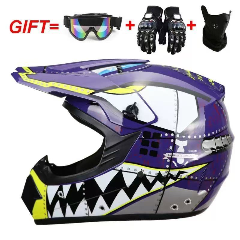 Gafas de tiburón morado brillante, máscara y guantes.