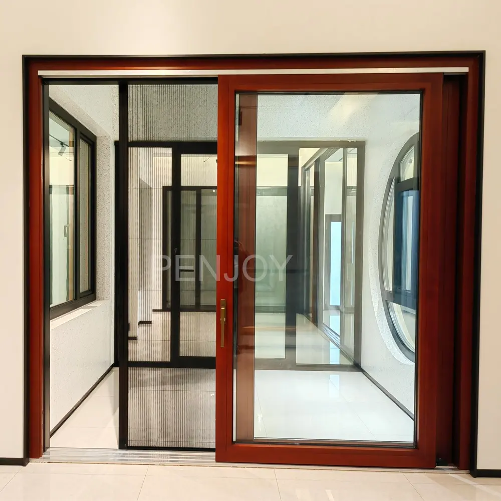 Penjoy diseño moderno revestido de aluminio elevador de madera y puerta corredera puertas de madera puertas correderas de madera de aluminio