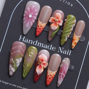 ปลายเล็บชี้แบบยุโรปและอเมริกา10ชิ้น/แพ็คทาสีด้วยมือลายจุดฝรั่งเศสไล่ระดับสีลายดอกไม้เขตร้อน3D ไล่ระดับสี - Product Image 1