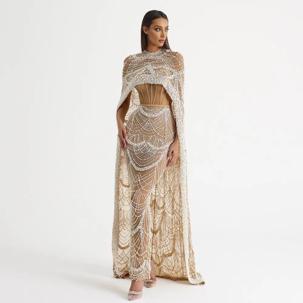 Scz097 Luxury Pearls Dubai Champagne abiti da sera con mantello 2023 nuove donne arabe sirena Wedding Party Prom Dress