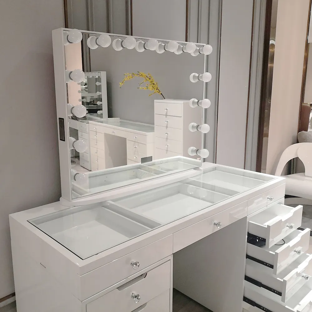 अमेरिका में स्टॉक! डोकेरेलाइफ मॉडर्न होम फर्नीचर सफेद ग्लास बेडरूम ड्रेसर मेकअप वैनिटी टेबल मिरर के साथ
