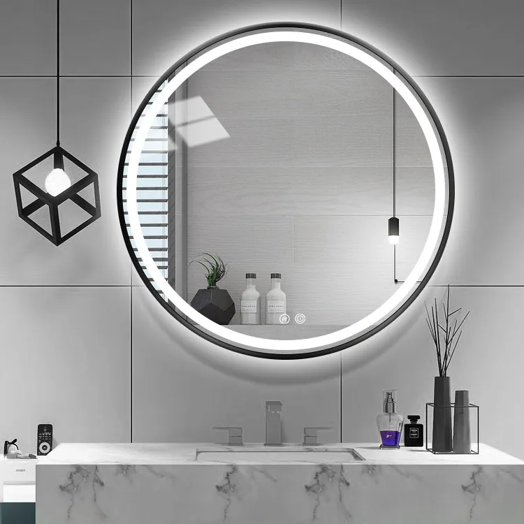Espejo de baño inteligente con marco negro, redondo, antiniebla, luz led y diente azul
