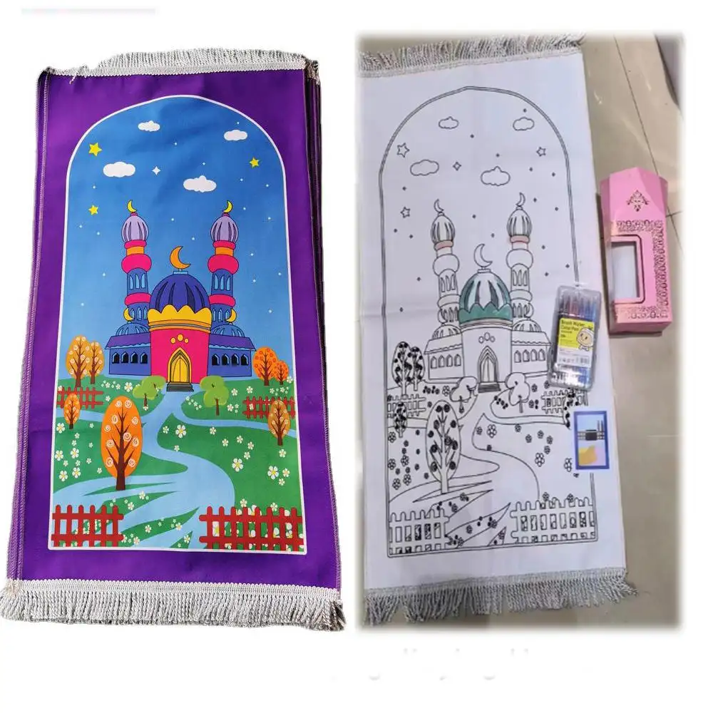Tapete de oração infantil com borla para colorir, tapete de oração islâmico educacional personalizado, conjunto de presente com desenho de desenho animado
