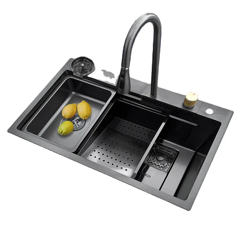 Lavello da cucina multifunzione fatto a mano set lavello da cucina a cascata in acciaio inossidabile con rubinetto a pioggia volante