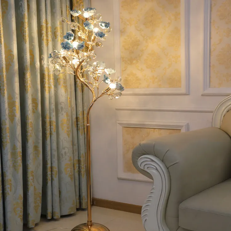 Lâmpada de piso, para quarto, com flores de cristal, luzes de ramos de árvore, lâmpada folha agrada, decoração