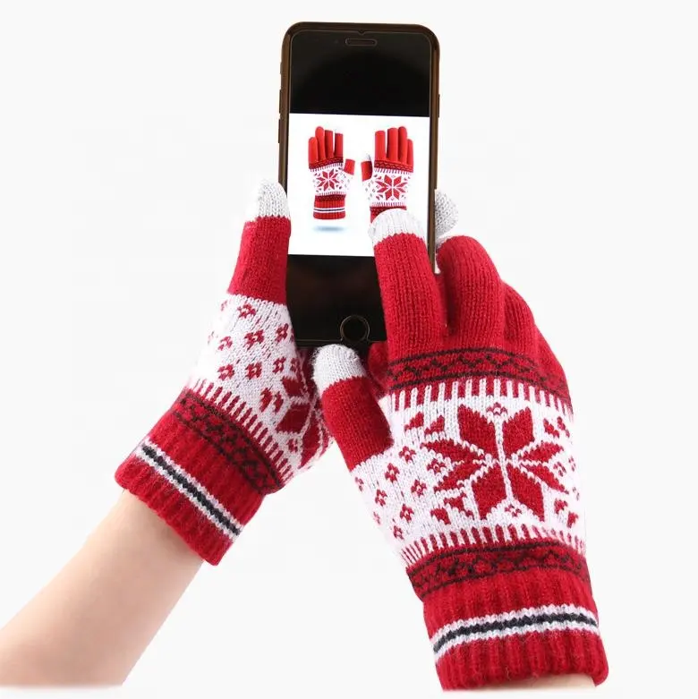 Hot Sale Jacquard Weave Snow Design Knitted Winter TouchScreen Men Women Gloves Winter Knit Warmer Touch Screen Mittens