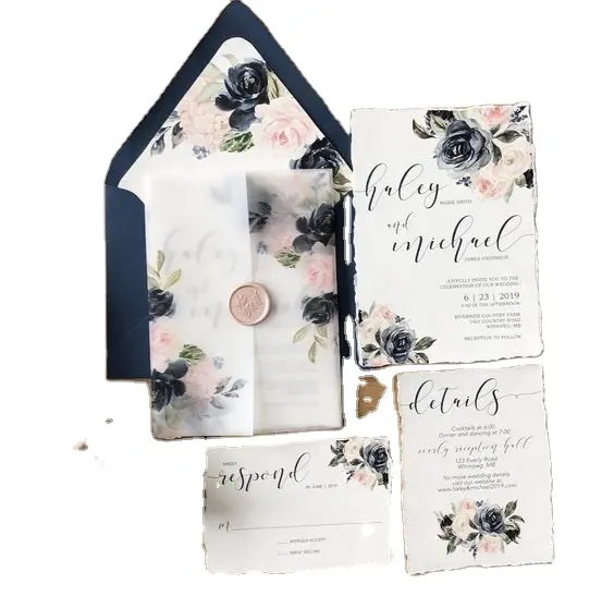 Impresión en Color agua diseño personalizado Tarjeta de fiesta Floral invitación de boda con sobres de vitela y sello de cera