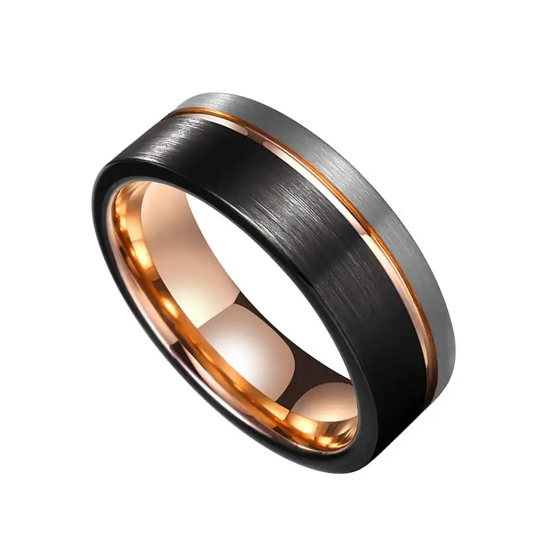 Bester Verkauf trend iger schwarz-silber gebürsteter Wolfram karbid ring mit Roségold im Inneren