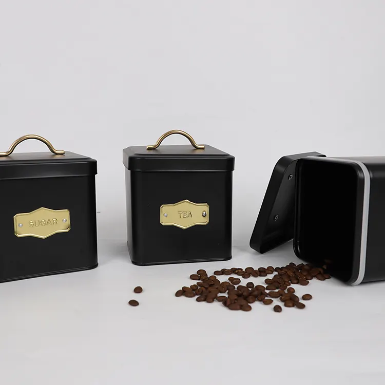 핫 세일 블랙 금속 홈 주방 선물 빵 빈 상자 컨테이너 비스킷 차 커피 설탕 주석 용기 세트