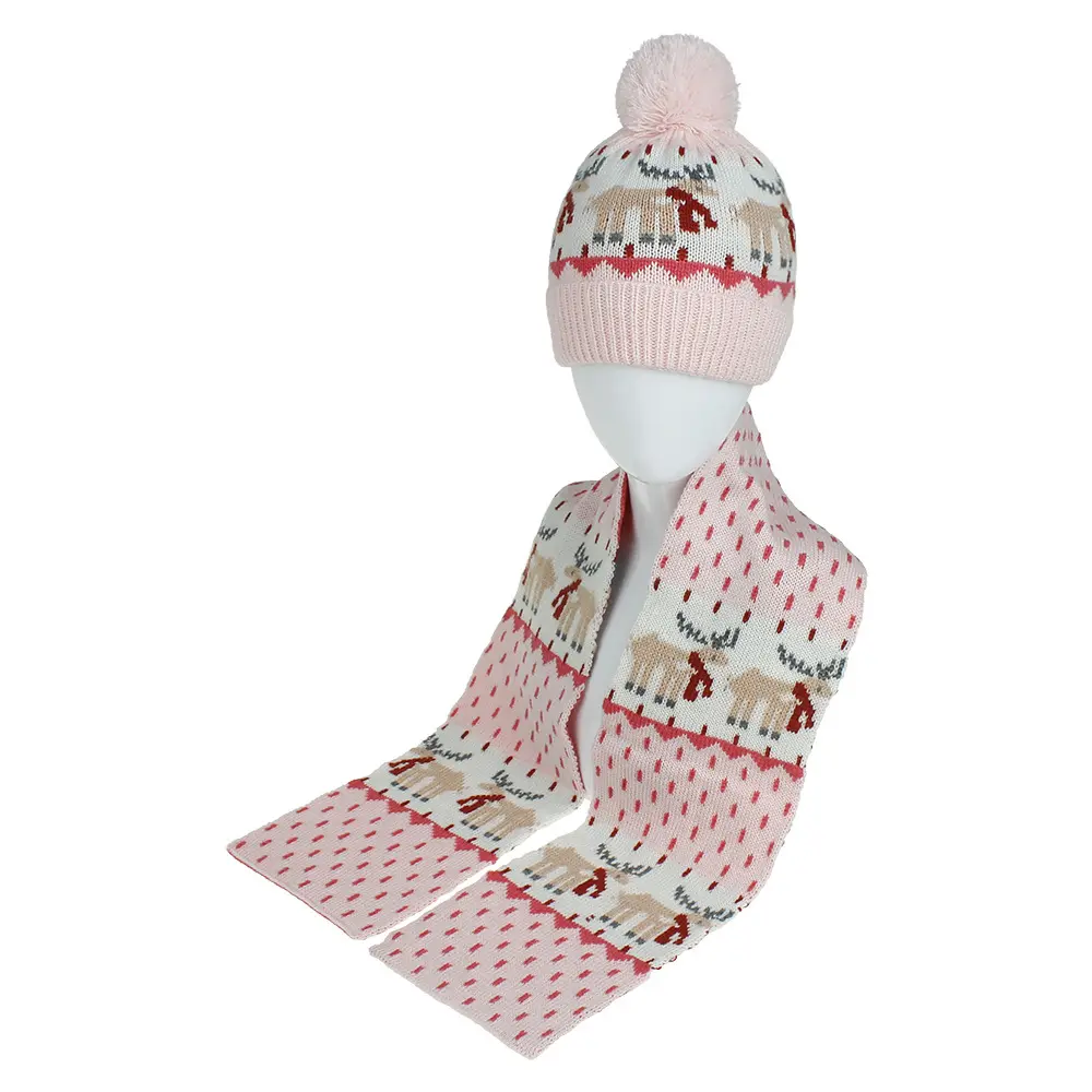 Niños niños y niñas invierno cálido sombrero y bufanda traje niños cartón Jacquard Pom Beanie y bufanda conjunto