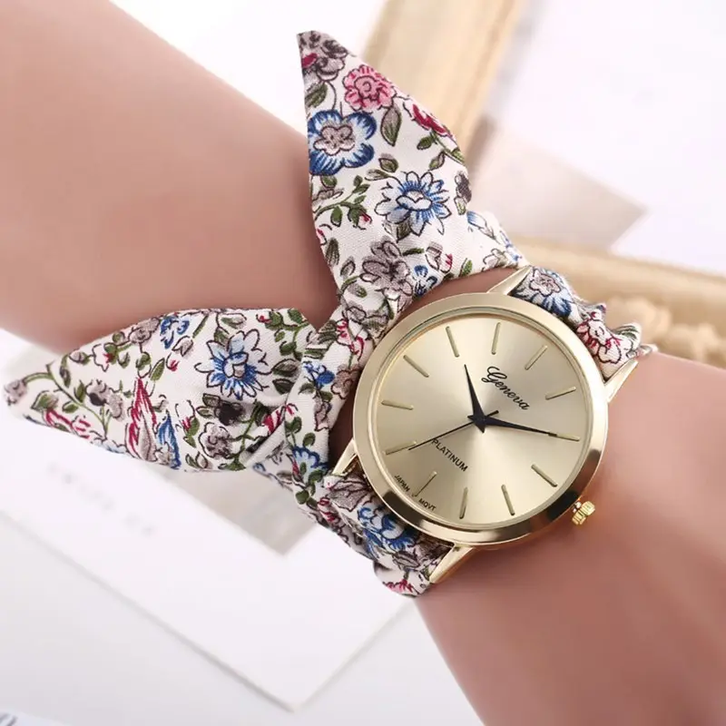 Montre Vogue ดอกไม้สายนาฬิกาข้อมือผู้หญิง Jacquard ผ้าควอตซ์นาฬิกาผู้หญิงเจนีวาสร้อยข้อมือนาฬิกา Relogio Feminino