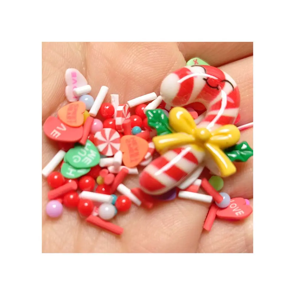 1bag christmas red crutch resin craft love heart mint stick polymer clay charms for making diy slime fillers