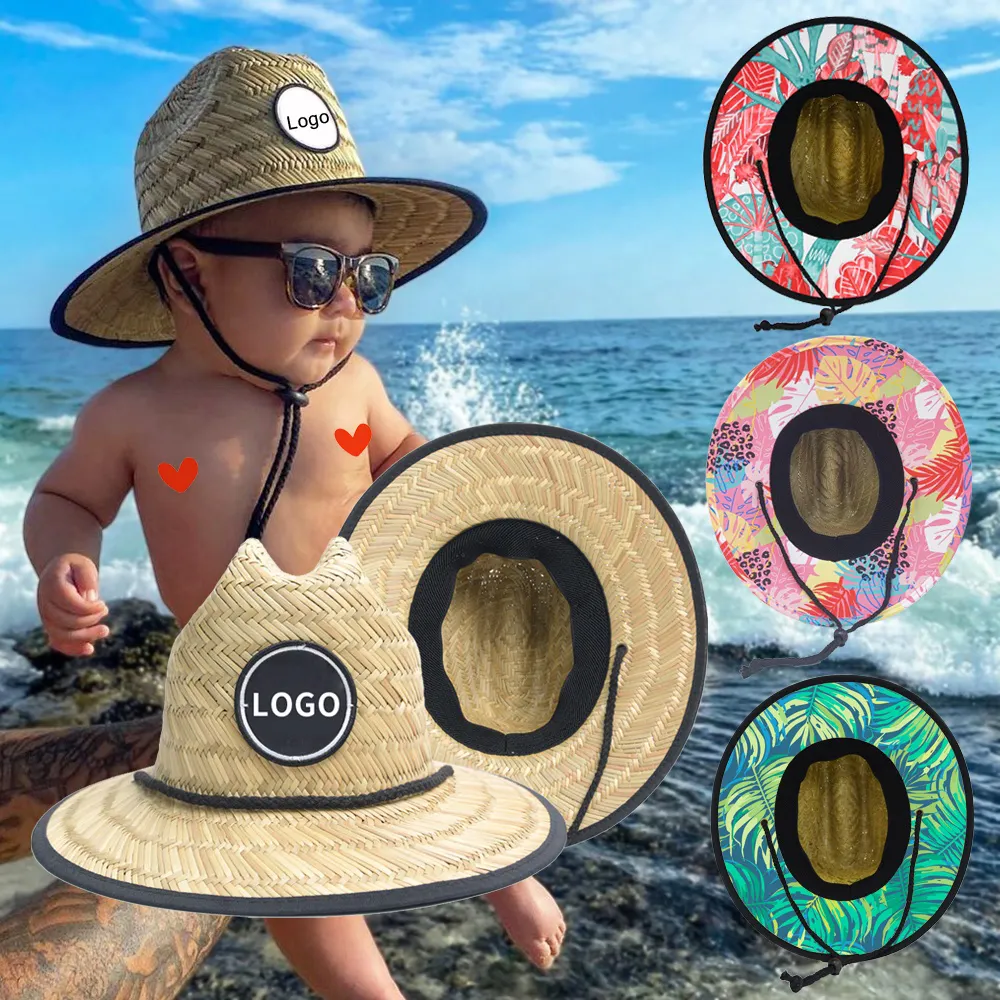 wholesale summer custom logo children kids straw hat 2021 Natural Grass lifeguard Infant toddler baby straw hat with underneath