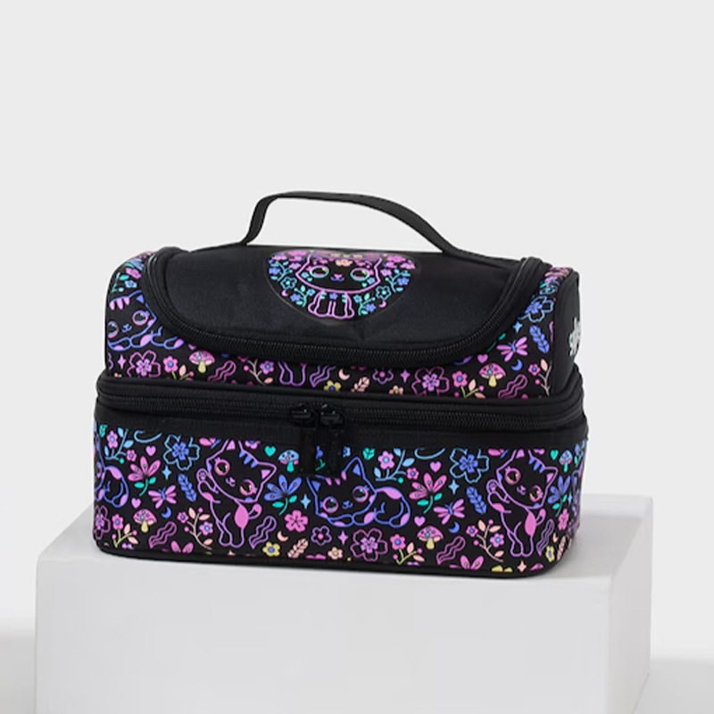 Bolso de mano con diseño floral negro y gato adorable - 25x15x5 cm