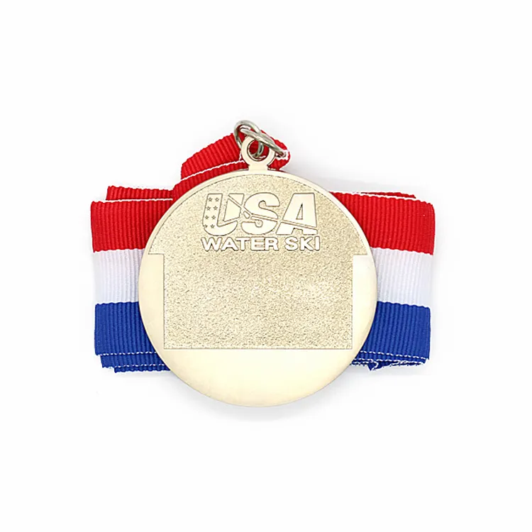 Faça sua própria medalha Medalha liga zinco Gold Color Plated Water Ski Medal com fita