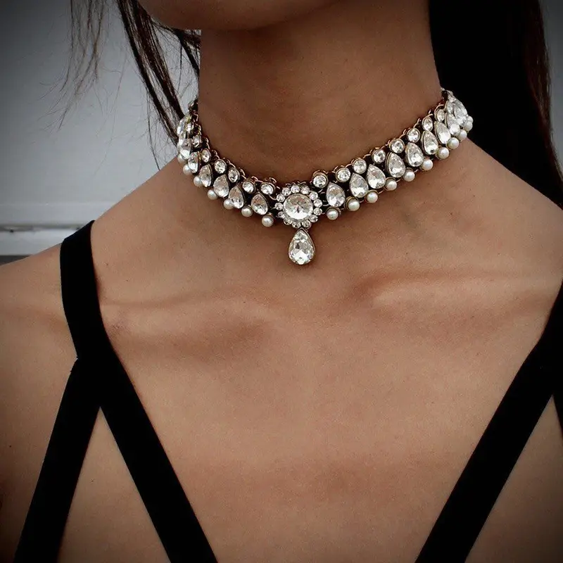 Корейский новый роскошный чокер с жемчужной подвеской бриллиант короткое ожерелье женское свадебное ожерелье набор индийские тяжелые ювелирные изделия