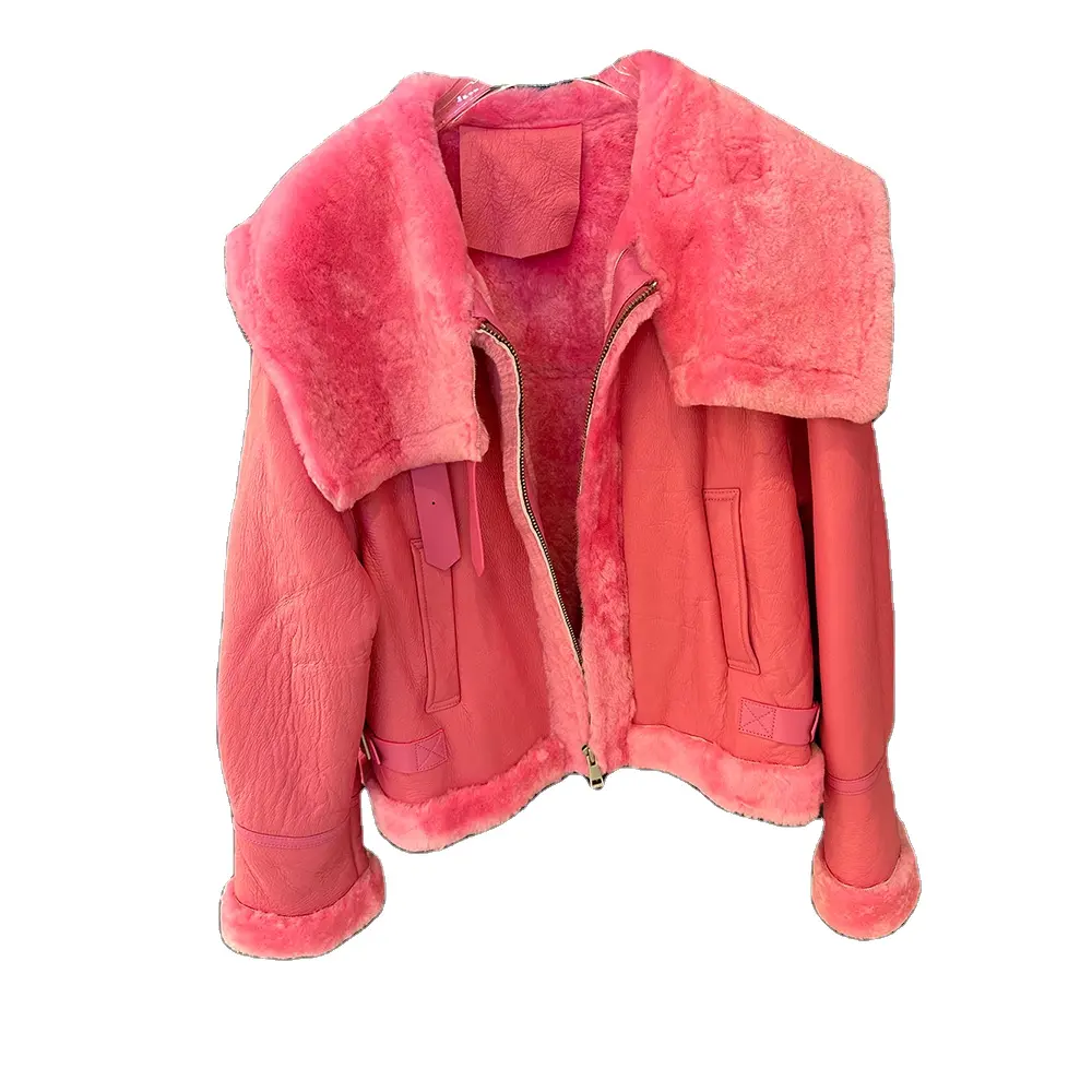 2022 nueva chaqueta de piel todo en uno rosa roja para mujer de manga larga de talla grande abrigo de cuello de piel grande para exteriores
